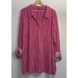 IMAN Pink Zebra Print Collared Long Sleeve Slinky Blouse 2X Roll Tab Sleeves